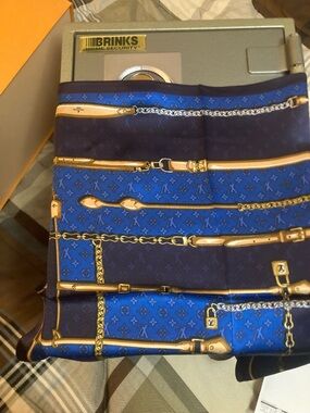 Luxury Blue Silk Scarf with Gold Chain Print